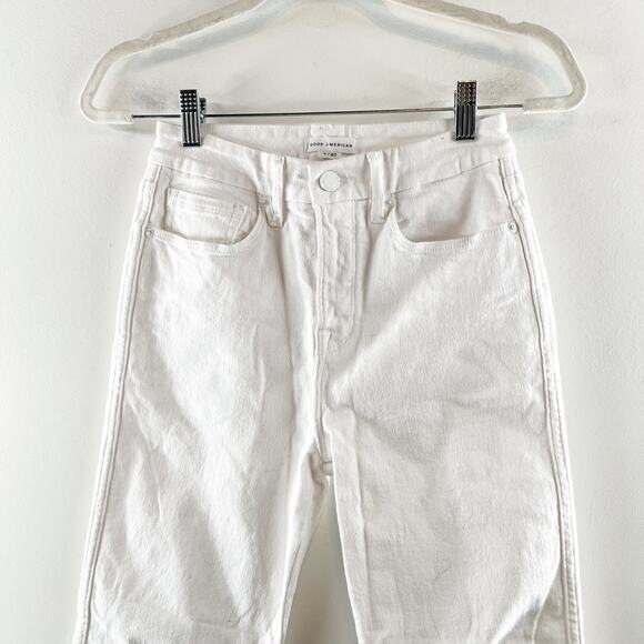 Good American Good Icon High Rise Frayed Hem Straight Jeans Cloud White 2 / 26 - Picture 9 of 10